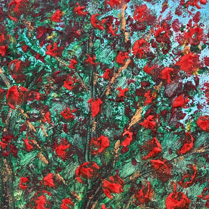 Gros plan sur les fleurs rouges peintes en relief du tableau Tous les deux